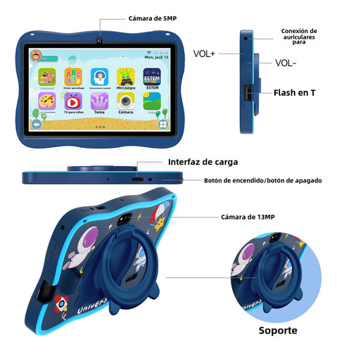 Tableta Para Niños Hancdon A15 7 Pulgadas, Pantalla Hd 6gb 128gb Android 12 Wifi 3800mah 5mp+13mp Con Funda Y Stylus Tablet Azul Polvo