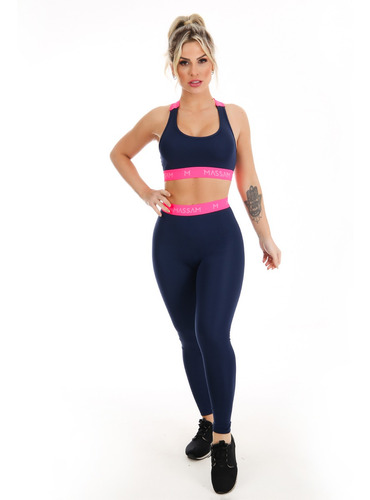 Conjunto Legging Com Top Neon Marinho Pink Massam Fitness