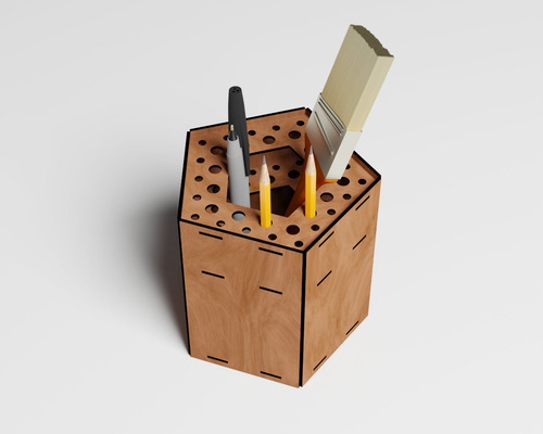 Porta Lapices Poligonal En Madera Para Mesa O Escritorio