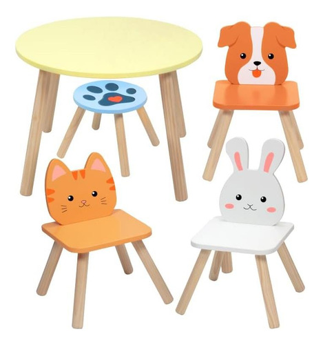Juego De Mesa Y Silla De Animales De Madera Para Niños W 4 A
