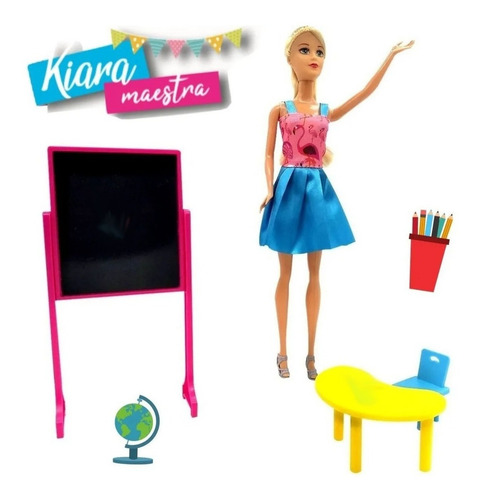 Imagen 4 de 5 de Muñeca Kiara Maestra Articulada Alumnas Pizarron Y Accesorio