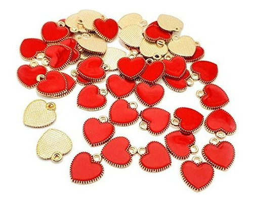 50 Piezas De  Abalorios De Corazón De Esmalte Rojo,en  Dije