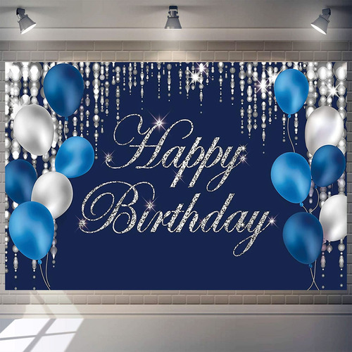 Telón De Fondo De Feliz Cumpleaños, Azul Marino Y Plateado
