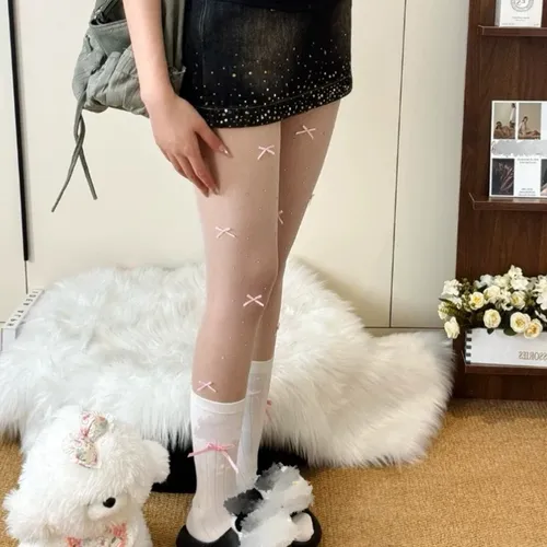 Medias Sexy Con Lazo Y Encaje, Calcetines De Red Bowknot Con