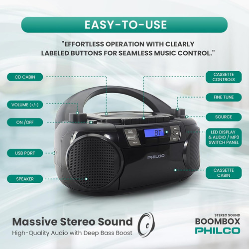 Reproductor De Cd Philco, Con Bluetooth, Cassette, Usb, R...