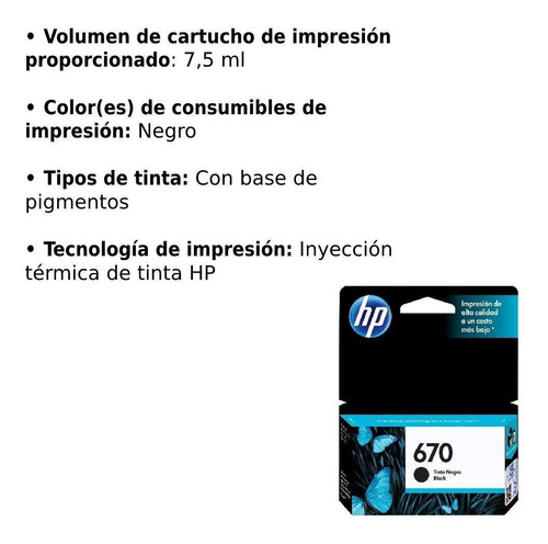 Imagen 2 de 5 de Cartucho De Tinta Hp 670 Negra
