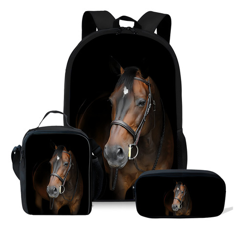 Conjunto de 3 mochilas escolares com estampa de cavalo e pônei, cor 06