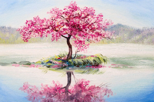 Árbol Rosa En Lago Tipo Oleo, Canvas Cuadro Decorativo | Meses sin intereses