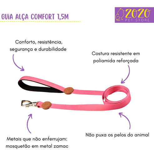 Guia Para Cães Alça Comfort 1,5m Rosa Toh