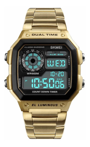 Reloj pulsera digital Skmei 1335 con correa de acero inoxidable color dorado - fondo negro