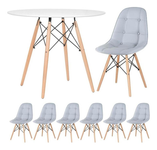 Kit Mesa Jantar Eames 90 Cm E 6 Cadeiras Estofada Botone Cor Mesa branco com cadeiras cinza claro