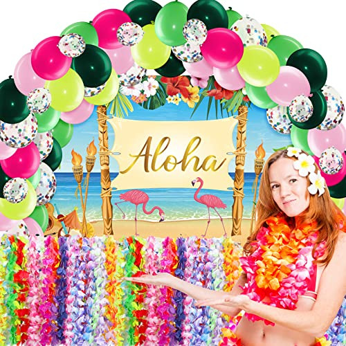 96 Pzas Decoraciones Fiestas Hawaianas Incluyen Banner ...