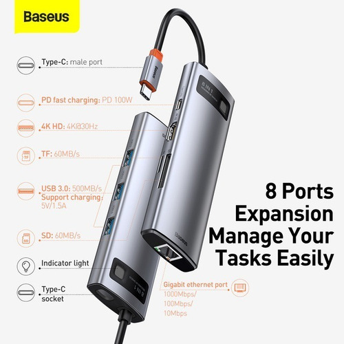 HUB TIPO C BASEUS 8 EN 1 (USB-C PD 100W / HDMI 4K / USB 3.0 X3 / RJ45 /SD / MICROSD)
