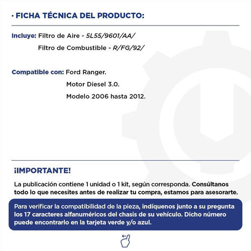 Imagen 2 de 9 de Kit Filtro Aire + Combustible Ford Ranger 3.0 Diesel 06/12