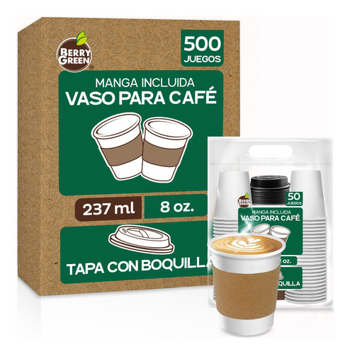 500 Vasos Para Café De 8 Oz Desechables Con Tapa Y Manga Color Blanco