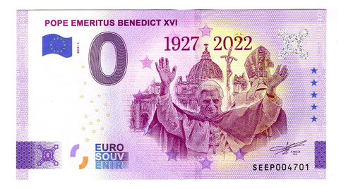 Billete 0 Cero Euro Papa Emérito Benedicto X Vl Vaticano2023