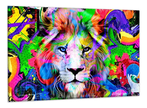 Canvas | Mega Cuadro Decorativo | Leon Abstracto | 140x90 Color Rostro Colores