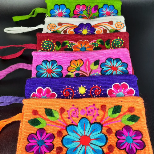Sobre Portacosmético Artesanal Bordado Peruano Neceser Mujer Naranja Claro Bordado 4 Flores