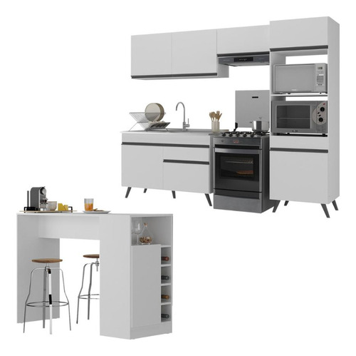 Armário Cozinha Compacta Com Mesa Veneza Multimóveis Mp2210 Cor Branco/preto