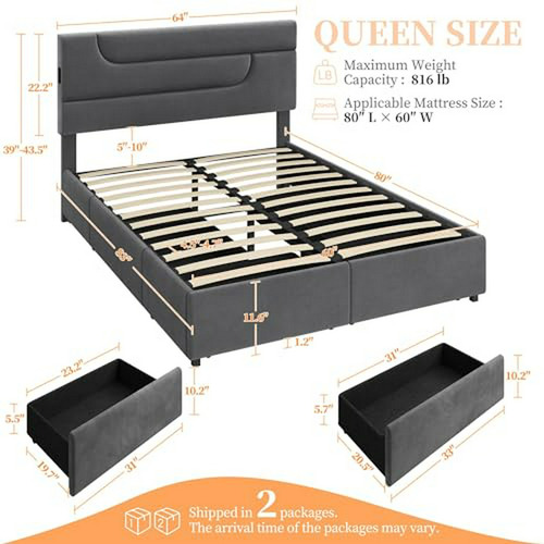 Cama Queen Yaheetech Con Usb-4 Cajones-respaldo Moderno-sopo