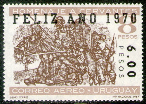 Uruguay Sello Aéreo Mint Cervantes = Quijote = Sancho 1969