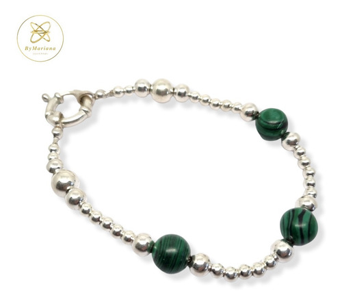 Imagen 4 de 6 de Pulsera Plata Bolitas Y Piedras Naturales Verdes X 20cm
