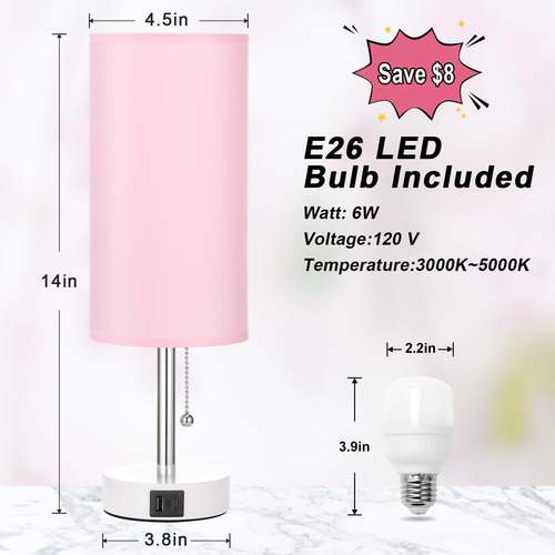 Lámpara De Mesa Rosa Con 3 Modos Y Puertos Usb-c Y A