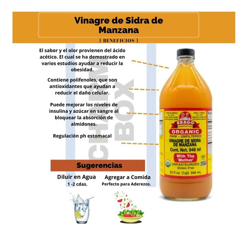 Imagen 3 de 6 de Vinagre De Manzana Orgánico 946 Ml Bragg Mother Madre