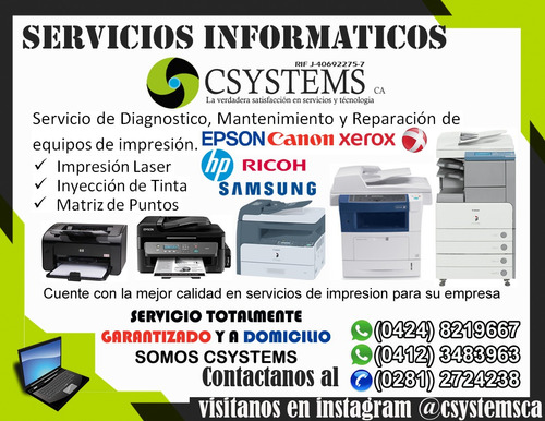 Imagen 1 de 1 de Reparación Y Mtto De Impresoras Epson, Hp, Canon, Ricoh, Xer