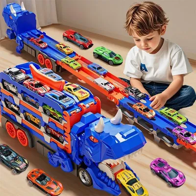Caminhão Dinossauro Engolidor De Carrinhos Kit 6 Carrinhos Azul