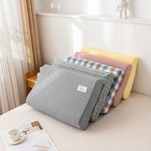 Funda De Almohada De Látex Azul A Cuadros De Algodón Lavado