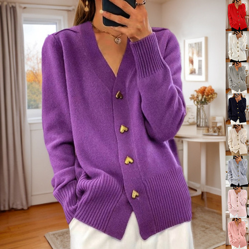 Suéter De Punto Con Cuello En V Con Botón De Amor A La Moda,