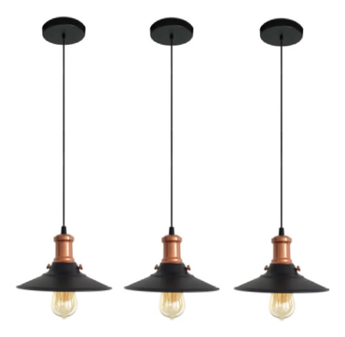 Kit 3 Luminárias Pendente Vintage Retro Nordic Preto E Cobre