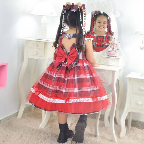 Vestido Festa Junina Quadrilha Xadrez Vermelho + 2 Laços