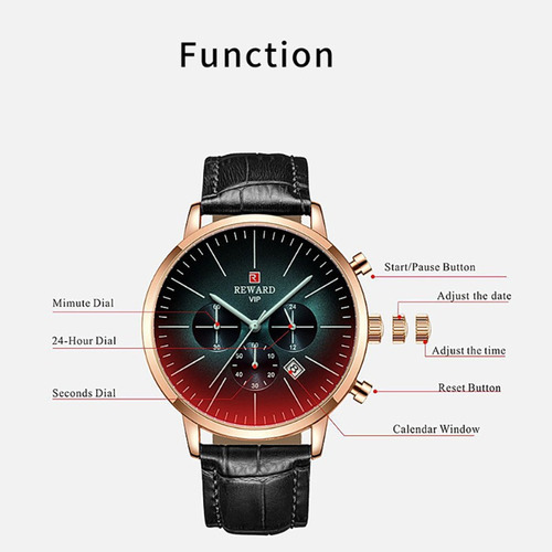 Reloj cronógrafo de piel Reward Quartz Calendar, color del bisel: azul rosa