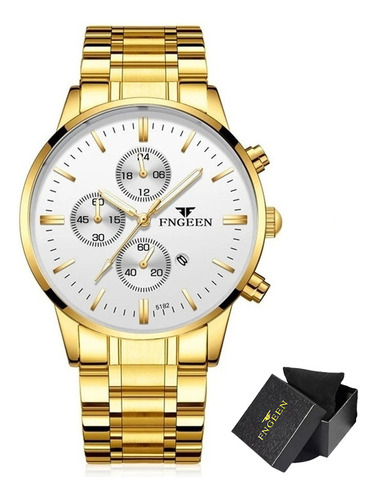Relógio de pulseira Fngeen W5128 com corpo preto, analógico, para homem, fundo dourado e branco, com pulseira colorida e expansível de aço inoxidável