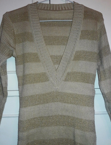 Sweater Top Hilo C/lycra Escote V Camel/dorado M/l L Mujer