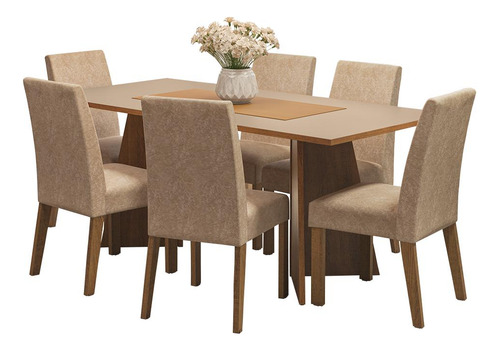Sala Jantar Mesa Tampo Madeira 6 Cadeiras Simone Madesa Cor Rustic/Crema/Imperial Desenho do tecido das cadeiras Liso