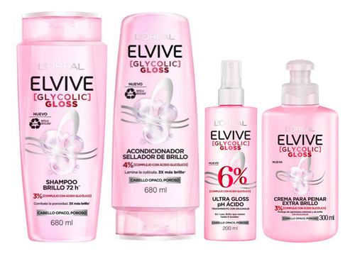 Elvive Glycolic 680ml Shampoo + Acond + Tratamiento + Crema