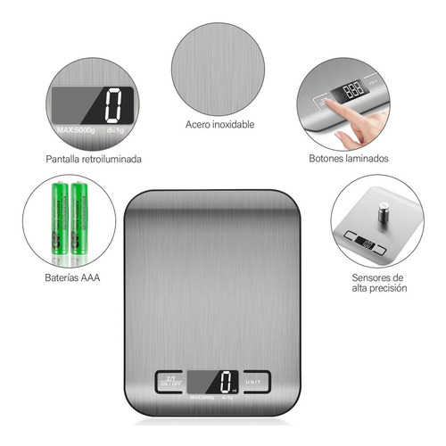 Bascula Digital Para Cocina Acero Inoxidable 5kg 6 Dígitos