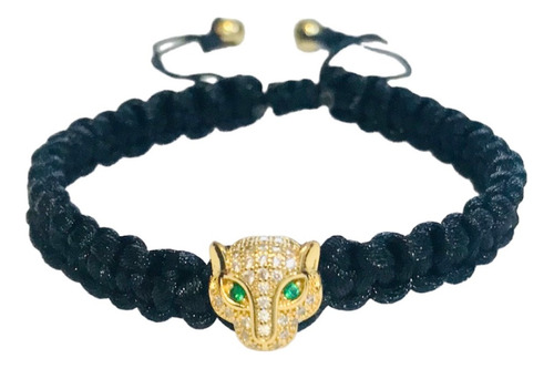 Pulsera Negra Ajustable. Con Pantera Ojos Verdes. 