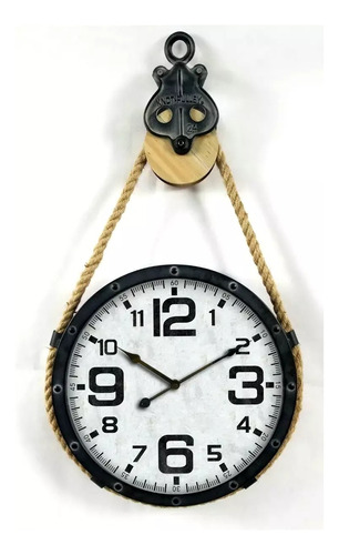 Reloj Decorativo De Pared Con Polea Y Cuerda Vintage Grande Color de la estructura Negro Color del fondo Blanco