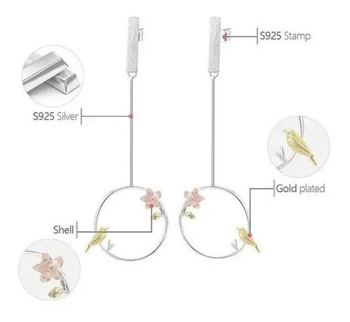 Imagen 5 de 6 de Aretes Mujer Plata .925 Flores Concha Pajarito Baño Oro 24k