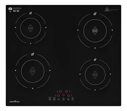 Cooktop de indução Britânia preto com 4 bocas em vista superior, mostrando os círculos de aquecimento e o painel digital.