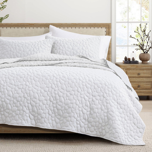 Juego Ropa Cama Queen Edredon Verano Blanco Fundas Almohada