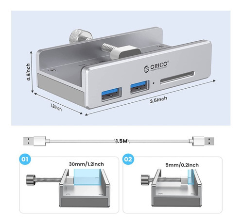 Adaptador Hub Aluminio Orico 3 En 1- Usb 3.0 X 2 + Puerto Sd