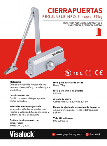 Brazo Gato Hidraulico Cierra Puerta Aéreo Visalock Vl63 65kg