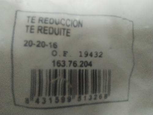 T Reducción 20-20-16. Con Anillos Corredizos. Para Caño Pex (Usado)