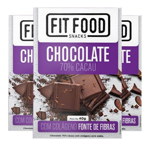 Kit 3 Chocolate 70% Cacau Com Colágeno Fit Food 40g