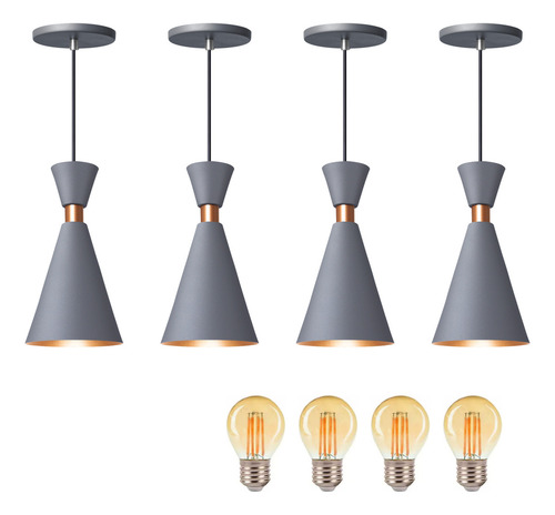 Kit 4 Pendente Luminária Mini Pequim Cinza 24cm + Led G45